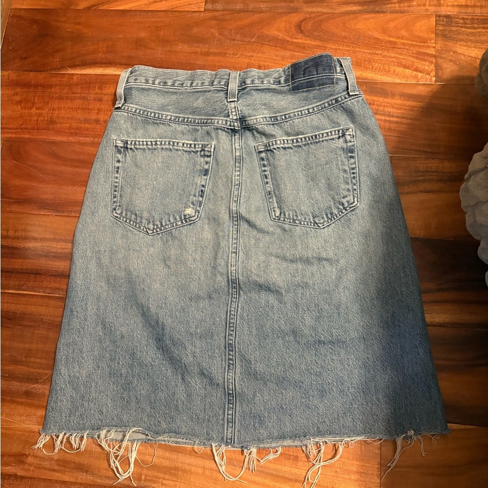 AMO Denim “Welder Skirt” in Woodland Wash | Size 26 | Raw Hem Midi Skirt (0510) - Picture 2 of 8